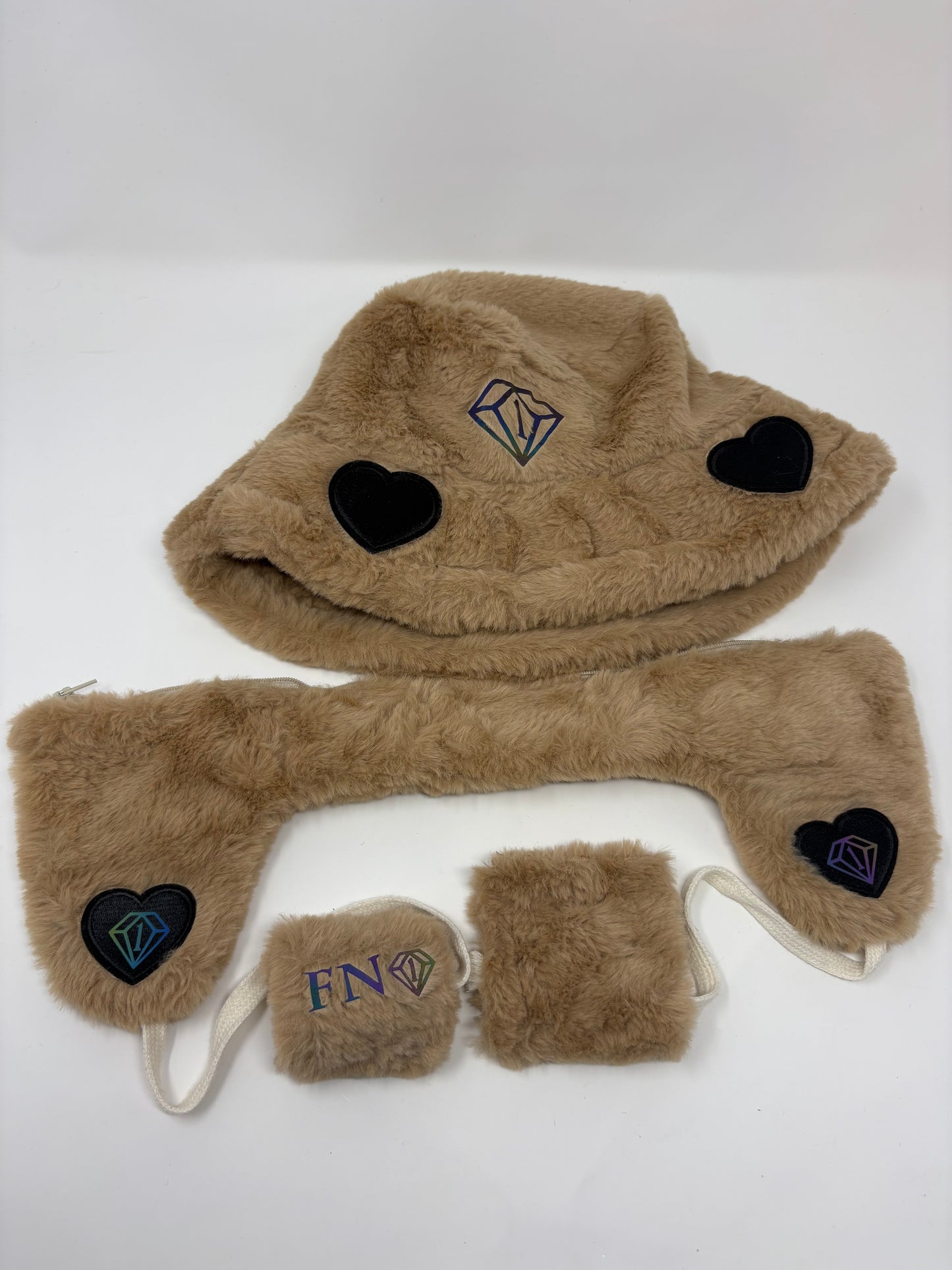 “We got us” cozy plush bucket hat w removable earmuffs (brown)