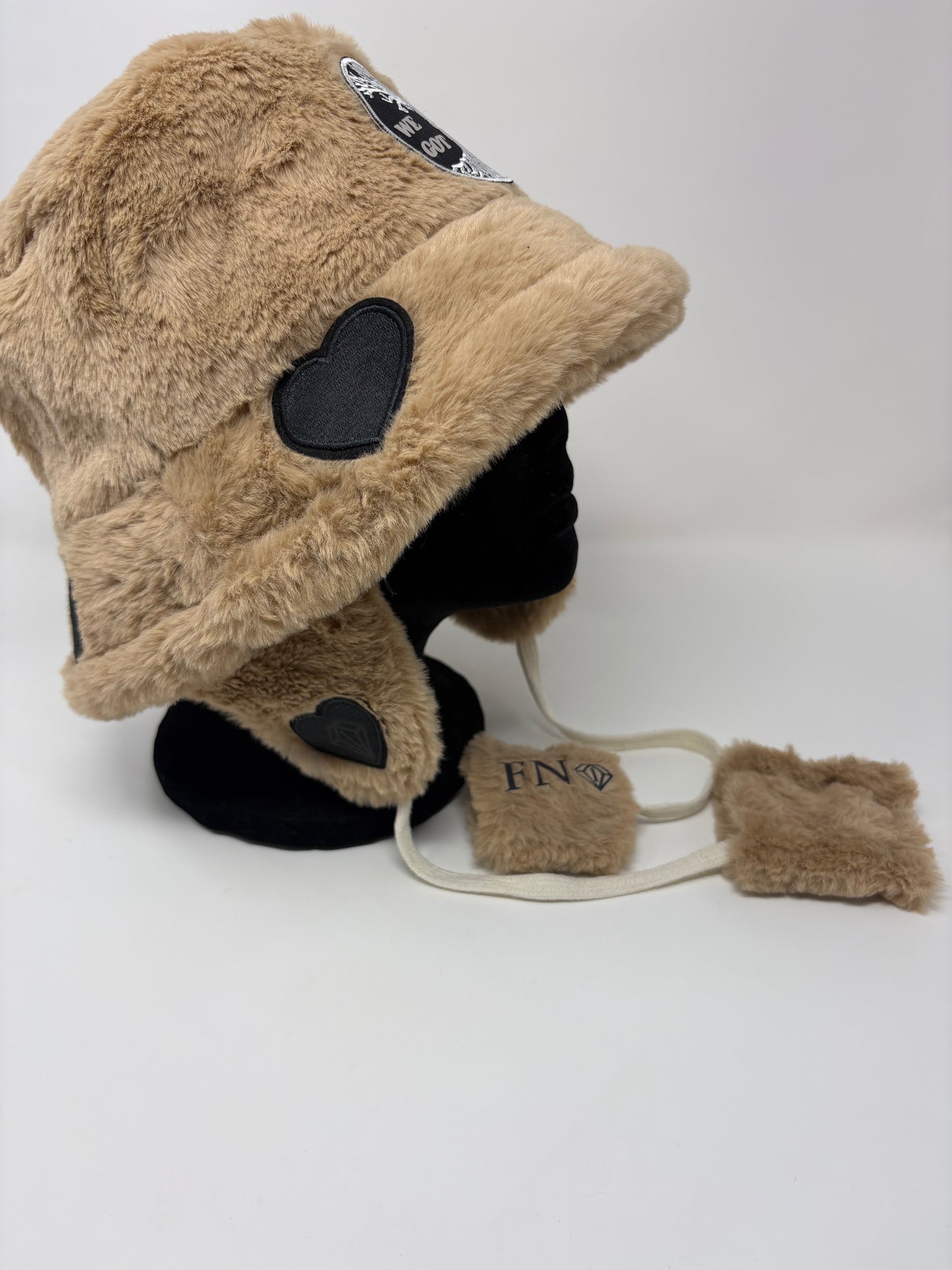 “We got us” cozy plush bucket hat w removable earmuffs (brown)