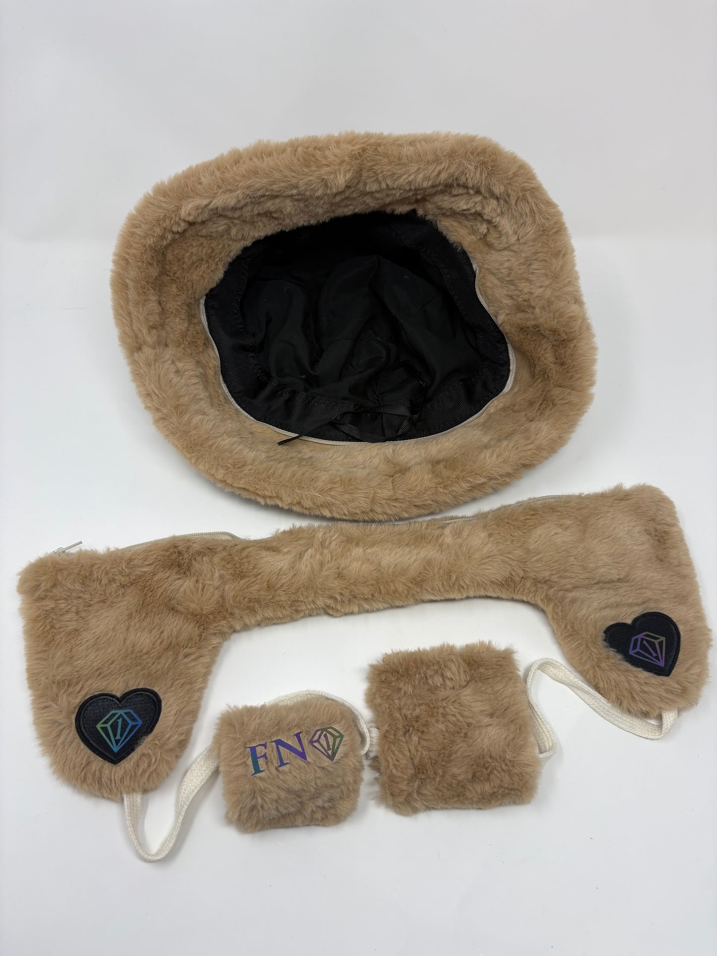 “We got us” cozy plush bucket hat w removable earmuffs (brown)