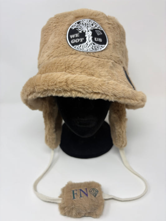 “We got us” cozy plush bucket hat w removable earmuffs (brown)