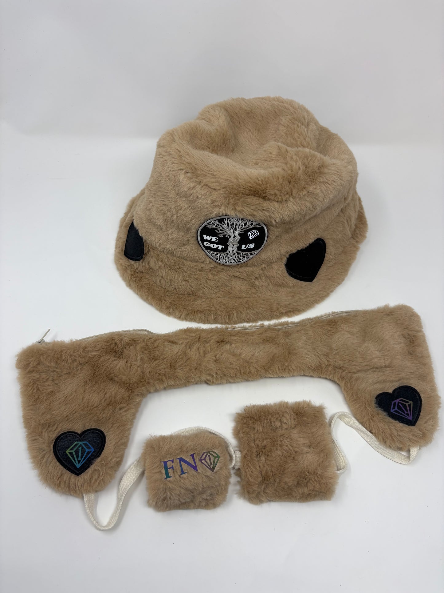 “We got us” cozy plush bucket hat w removable earmuffs (brown)