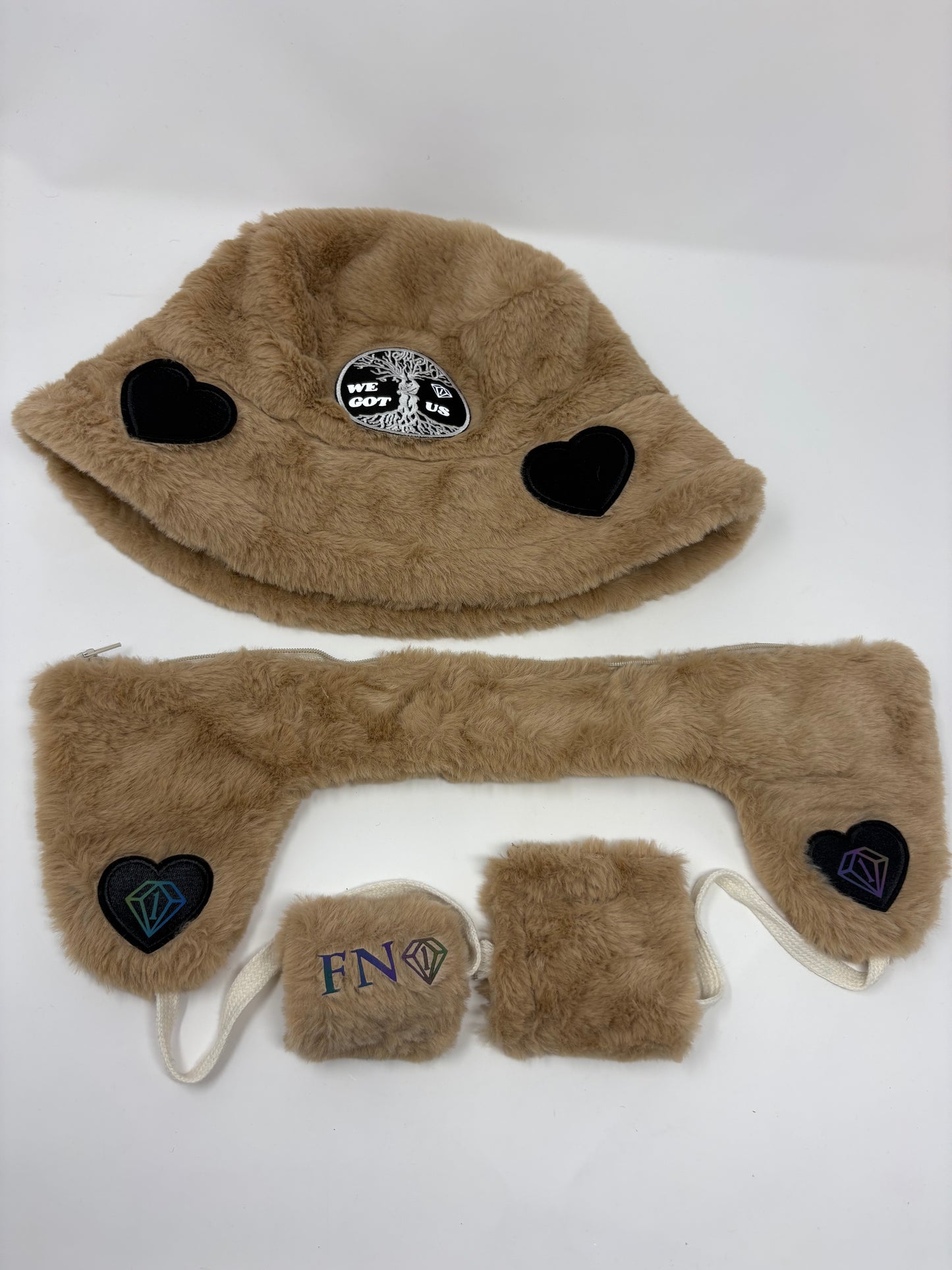 “We got us” cozy plush bucket hat w removable earmuffs (brown)