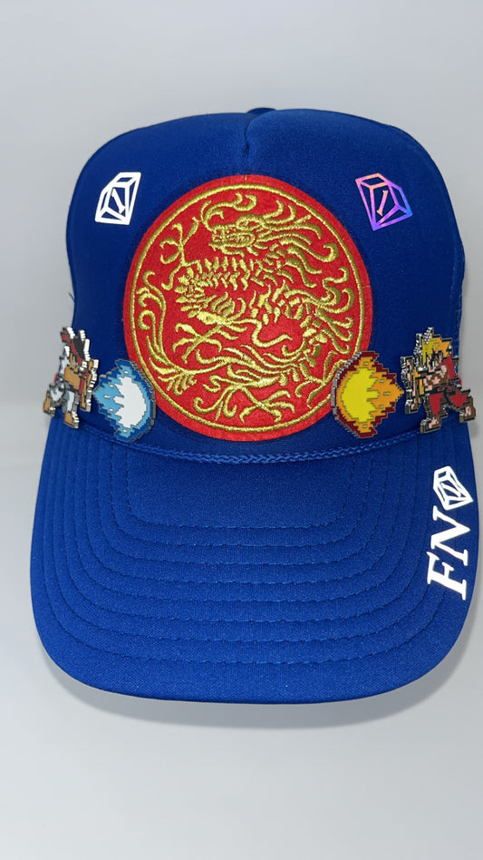 Ryu vs Ken dragon style trucker hat (blue)