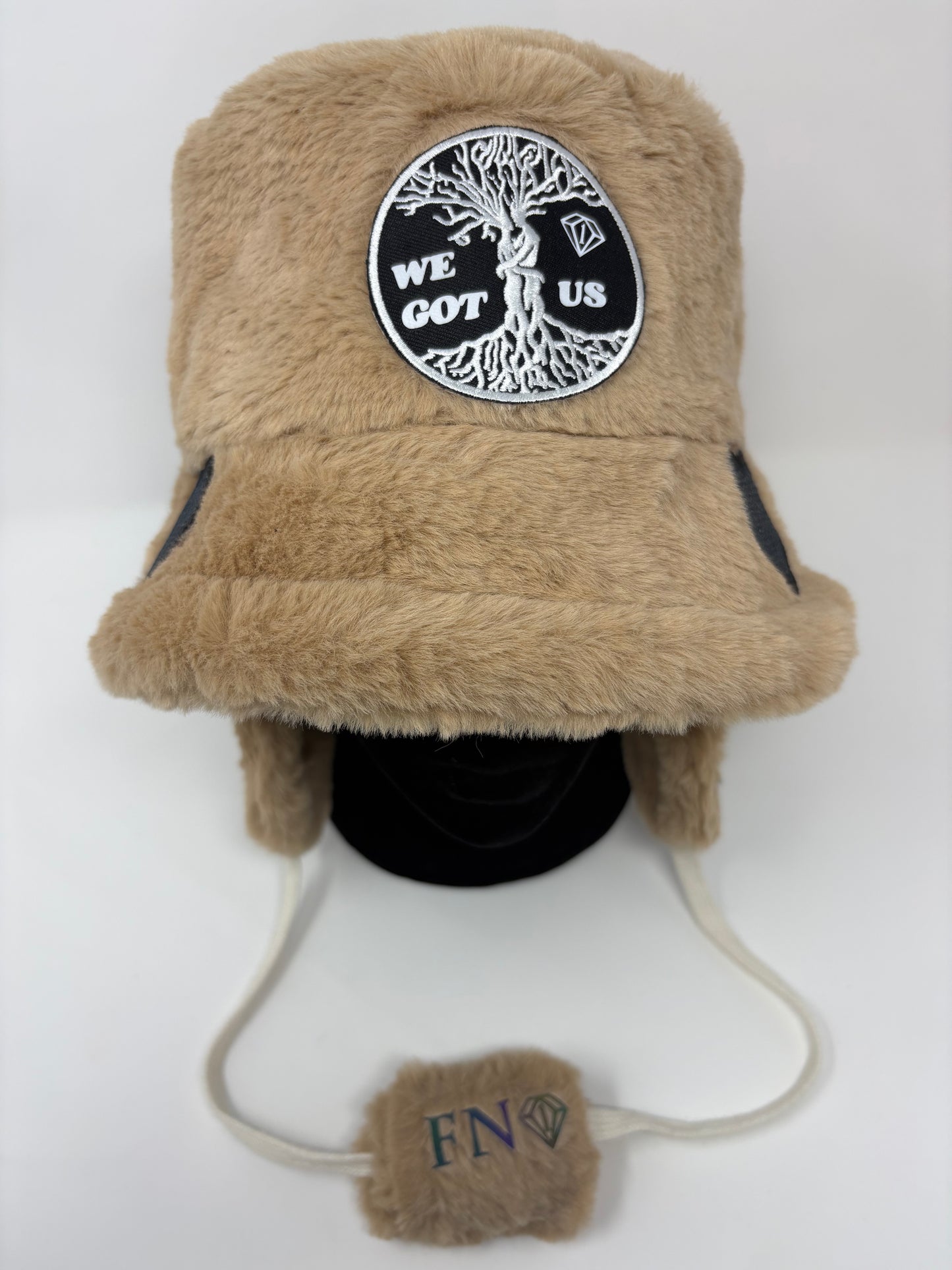 “We got us” cozy plush bucket hat w removable earmuffs (brown)
