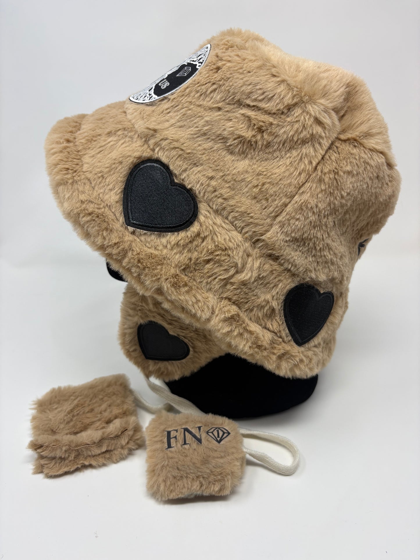“We got us” cozy plush bucket hat w removable earmuffs (brown)